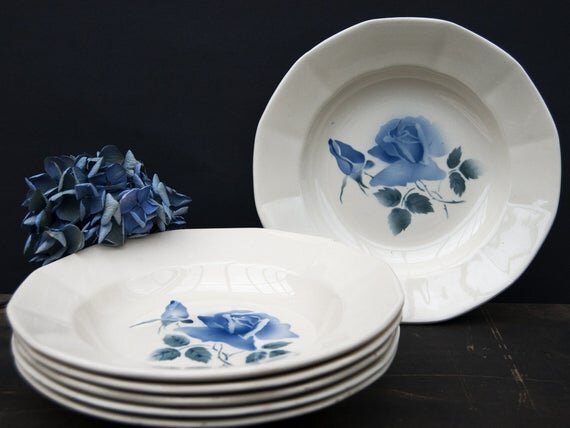Vintage blue transferware plates DIGOIN (Set of 6)