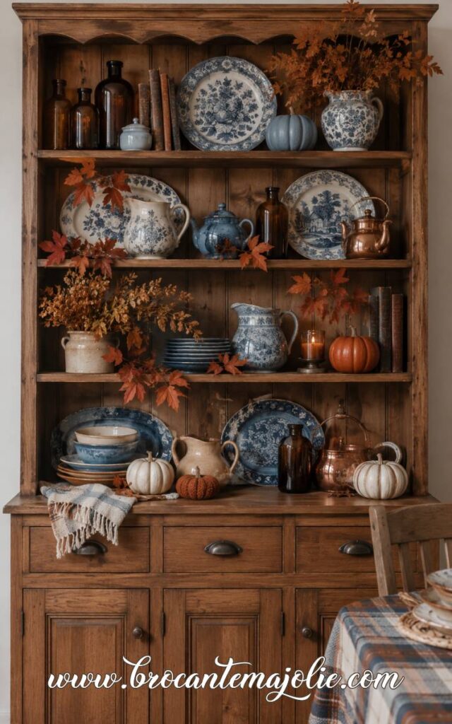 vintage blue fall hutch decor