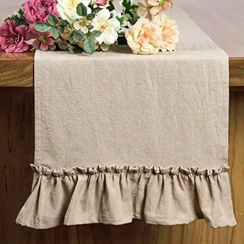 Rustic Table Runner Cotton Fabric Table Runner Farmhouse Table Runner Ruffle Table Decor Wedding Baby Shower Home Kitchen Birthday Party, Natural 12×72 Inches