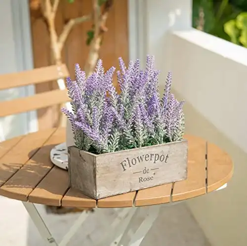 Velener Purple Artificial Lavender Flowers with Decorative Tray Wooden Box 9 Inches – Lifelike Faux Lavender Plants for Home and Office Decor, Fake Lavender Rustic Farmhouse Style