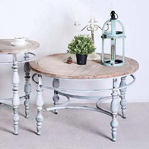 TIMBERMAVEN Rustic Farmhouse Round Coffee Table, French Country Vintage Center Table,φ31.5” x18.9”H Rustic Solid Wood with Iron Legs, for Living Room, Bedroom,Dinning Room,Boho White