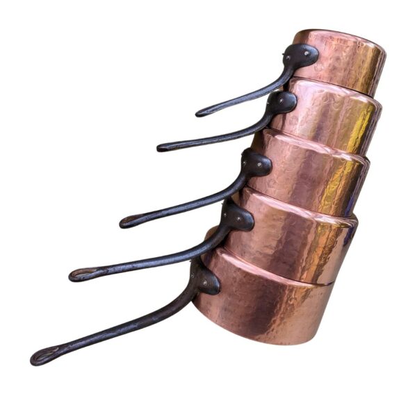 Set of 5 French Hammered Copper Pans
