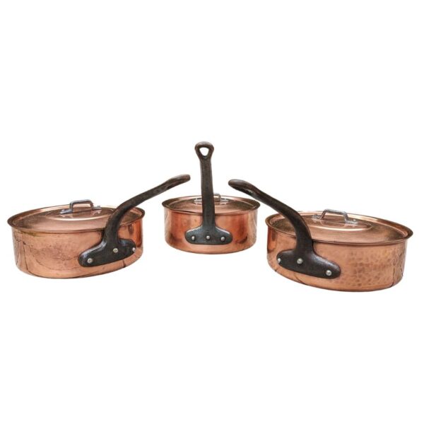 Set of 3 Vintage French Hammered Copper Sauté Pans with Lids