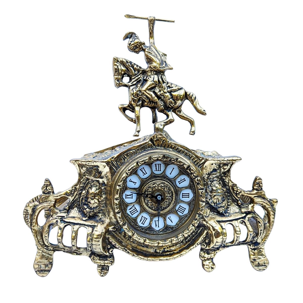 Vintage Brass Mantel Clock – Rococo Horse Design - Image 3