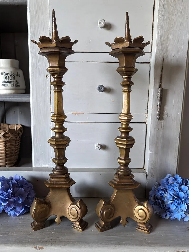 HUGE Antique Candlesticks Large French Alter Baroque Church Candle Holder  Tall White Candlestick 