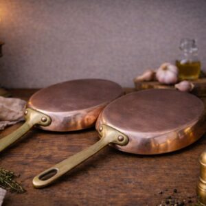 set of 2 French copper frying pans tin lined