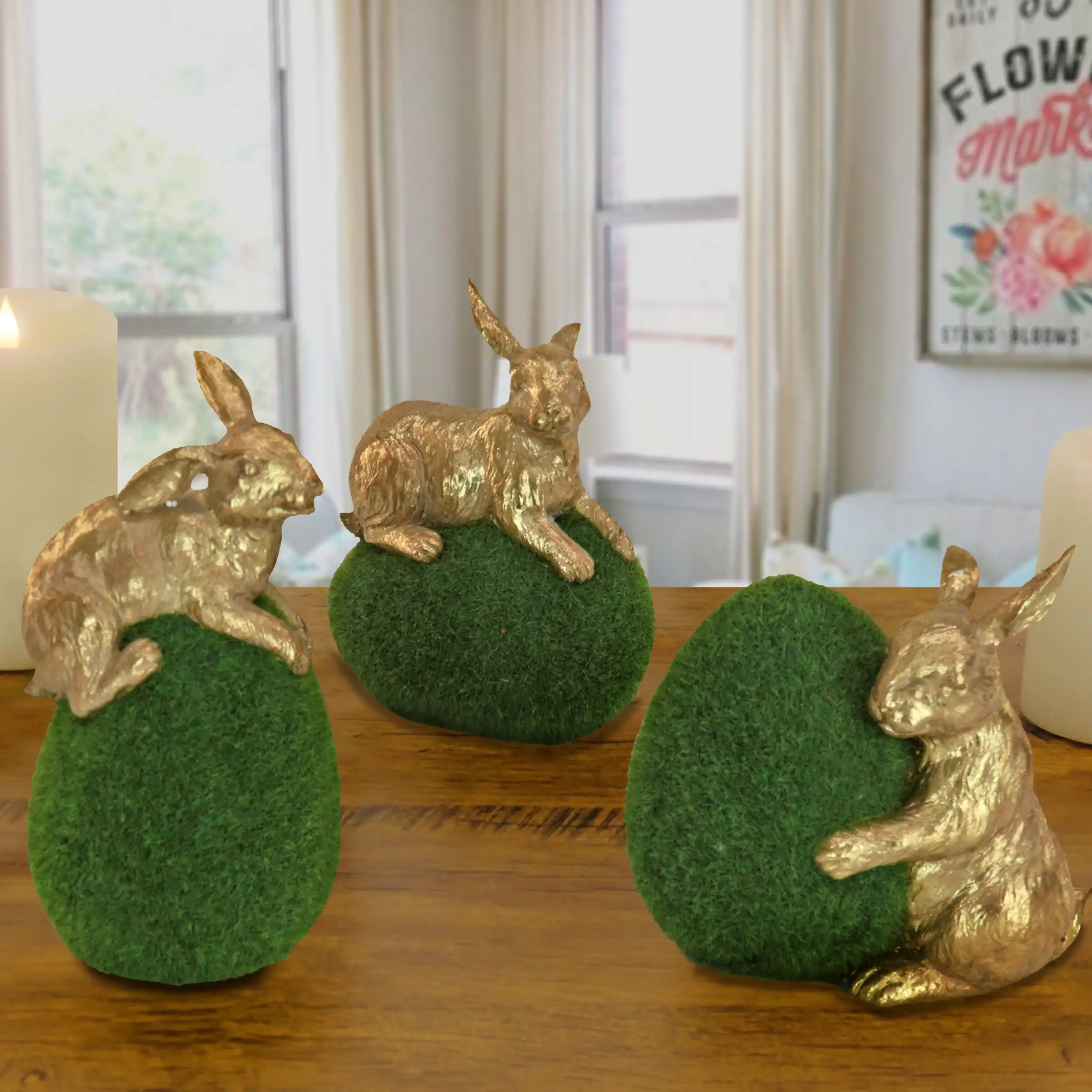 3 Piece Gold Bunny With Green Moss Egg Set