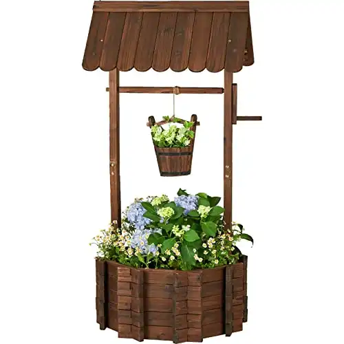 AMERLIFE Large Wooden Wishing Well Wishing Well for Outdoors with Height Adjustable Hanging Bucket Wishing Well Planter with Reinforced Rod Outdoor Decor for Patio Yard Garden