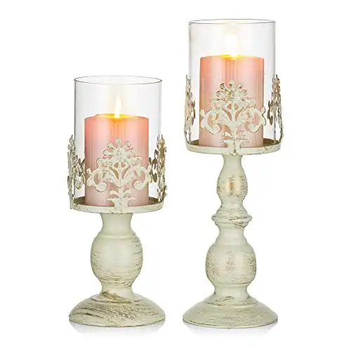 Nuptio Pcs of 2 Vintage Metal Pillar Candle Holder Antique Hurricane Candlestick with Glass Screen Cover Accent Display for Home Wedding Candlelight Dinner Decoration (S+L)