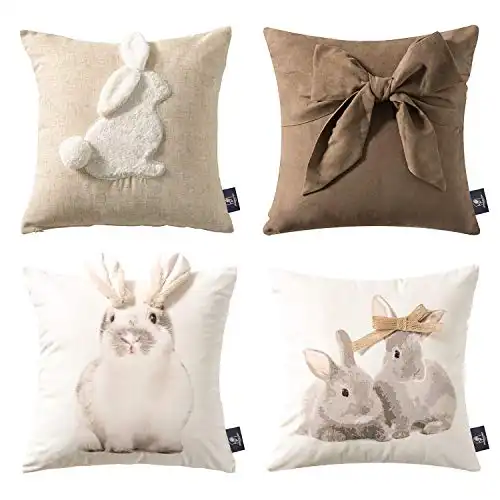 Phantoscope Pack of 4 Happy Easter Throw Pillow Case Cushion Cover Wonderful Rabbits 18 x 18 inches 45 x 45 cm