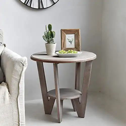 COZAYH Rustic Farmhouse end Table with Storage Shelf, French Country Accent Side Table for Family, Dinning or Living Room, Small Spaces, Modern, Round, Vintage Grey Finish