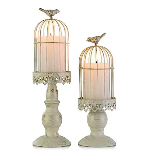 Birdcage Candle Holder Decorative Bird Cages for Weddings Vintage Candlestick Holders, Wedding Candle Centerpieces for Tables, Iron Candleholder Set Home Decor, Distressed Ivory