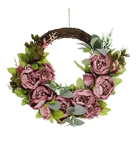 Wreaths for Front Door 16 inch Half Circle Fleshy Pink Peony with Mulberry Hydrangea Grapevine Base in Spring Summer Fall Wreath Indoor Outdoor Deco