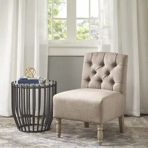 Accent Chair,Upholstered Fabric Button Accent Chair with Wood Legs,Comfy Tufted Armless Chair Single Sofa Chair for Home Office Living Room Bedroom Waiting Room,Beige