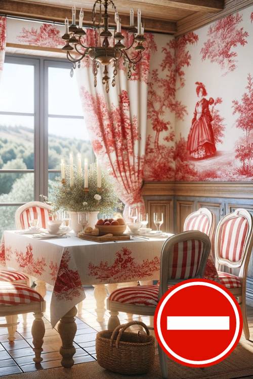 too much toile de jouy fabric in dining room
