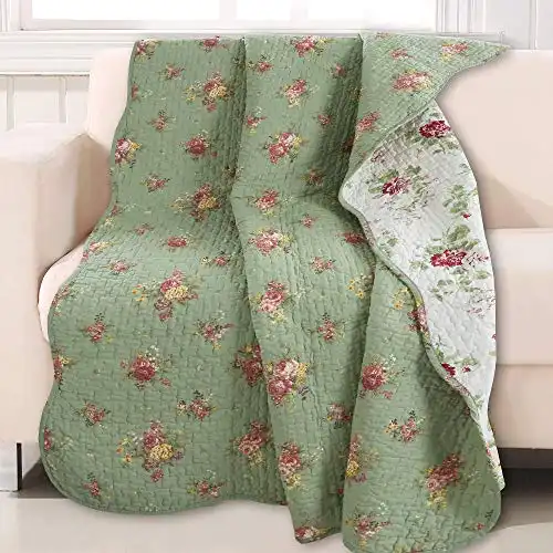 Cozy Line Home Fashions Vintage Floral Quilted Throw 100% Cotton Reversible All Season Throw (Blossom)