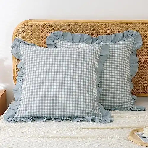 Mywinlle Blue White Plaid Euro Pillow Shams 2 Pack Ruffle Pillowcases,Shabby French Country Checkered Pillow Cover Washed Cotton Pillow Shams for Bed/Sofa (26"x26",Dusty Blue/White Plaid)