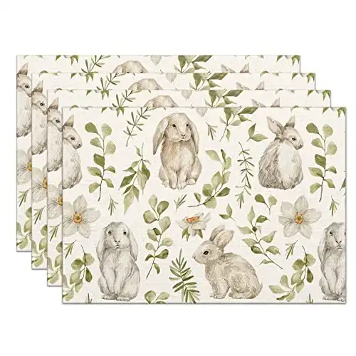 Easter Rabbits Placemats Set of 4,Bunny with Flowers Heat-Resistant Place Mats,Seasonal Table Decors for Farmhouse Kitchen Dining Holiday Party 12x18 Inch