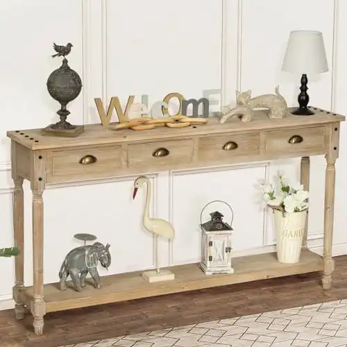 Wnutrees Farmhouse Console Table with 4 Drawers, 60" Long Narrow Boho Sofa Foyer Table with Large Storage Space, Solid Wood Frame and Legs for Entryway, Hallway, Living Room, Natural