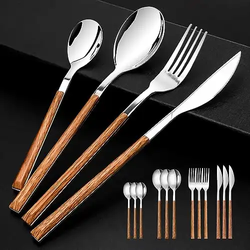 Stainless Steel Flatware Set for 4, Cutlery Utensils Set with Simulated Wooden Handle Include Knives Forks Spoons Service for 4, Mirror Polished and Dishwasher Safe (Silver)