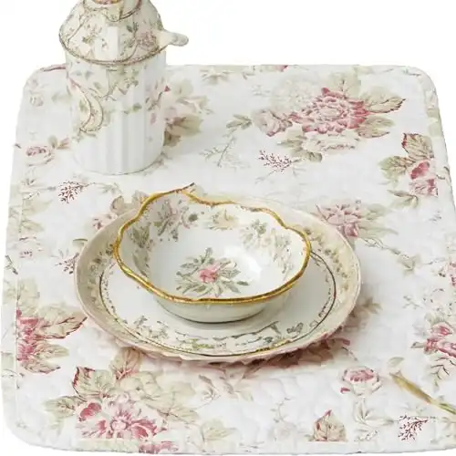 DaDa Bedding Cottage Roses Floral Dining Table Placemats - Set of 4-Pieces Quilted Cotton Dainty Flower Blossoms Garden - Decorative Linen Kitchen Tea Time Ivory White Mats - 13” x 19”