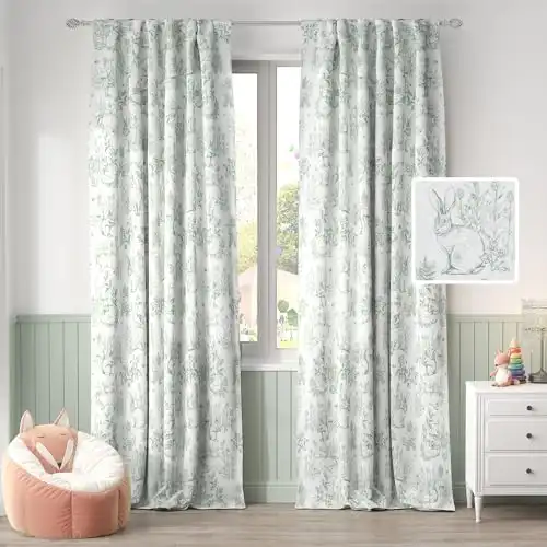 jinchan Linen Curtains for Bedroom 84 Inch Long Farmhouse Sage Green Curtains French Country Toile Curtains Animal Printed Drapes Light Filtering Kids Window Curtain Set, 2 Panels