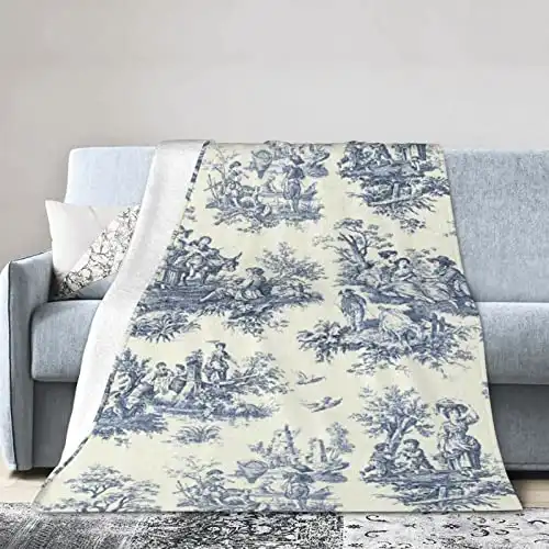 French Countryside Toile Throw Blanket Smooth Soft Fleece Blanket for Bed Sofa Chair Office Travel