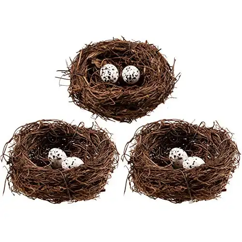 Whaline 3 Set Easter Bird Nest Decorating Kit with 6 Artificial Egg Foam Eggs Ornaments Rattan Birds Nest for Crafts Home Party Decor