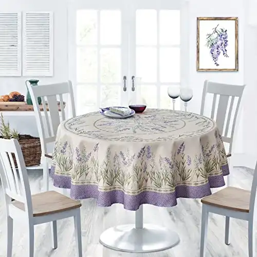 Home Bargains Plus Provence Blanchard Field of Lilacs Bordered Print Country French Fabric Tablecloth, Indoor Outdoor, Stain and Water Resistant Tablecloth, 70” Round