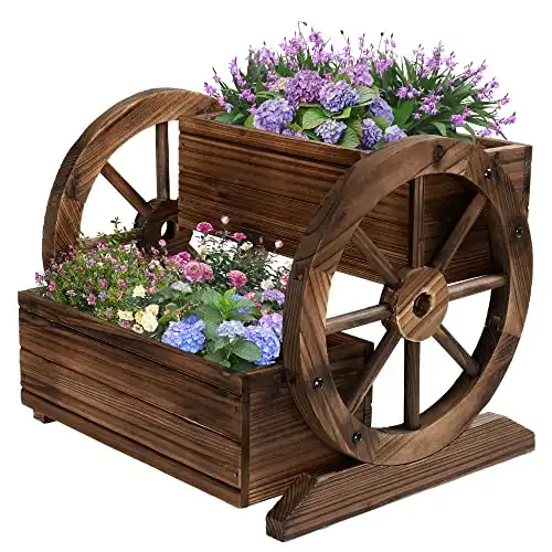 OIPRTGFJ Wooden Wagon Planter Box, Garden Planter with Wheels,Decorative Planter for Flowers Herbs Vegetables for Indoor & Outdoor Décor, Flower Cart for Patio Garden Balcony