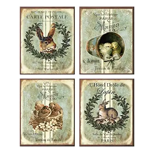 Silly Goose Gifts Vintage French Hotel Bunny Spring Wall Art Decor (Set of Four) Paris Decoration Prints