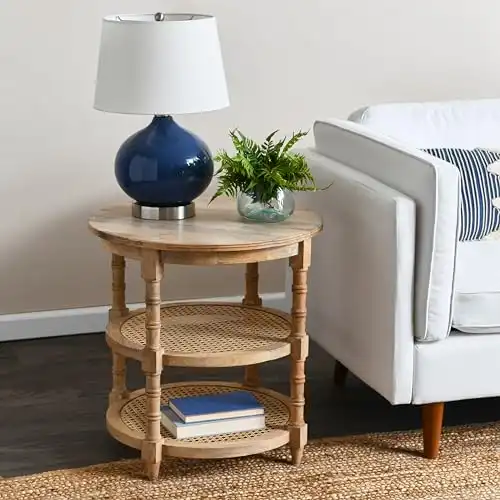Creative Co-Op Round Solid Wood End Table with 2 Woven Cane Shelves, Distressed White, Tan/Beige