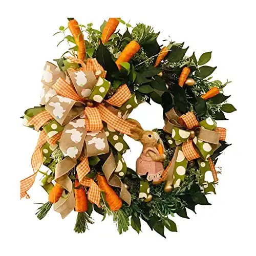 Easter Carrot Bunny Wreaths for Front Door, 16.7 in Artificial Easter Wreaths with Green Leaf Bow, Farmhouse Wreath for Indoor Outdoor Porch Window Wedding Summer Spring Decor