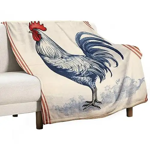 MaSiledy Blanket French Farmhouse Rooster Blue Grain Sack Striped Drawing Bed Throw Blanket Rustic Rooster Country Style Throw Blankets Flannel Blanket for Couch Bed Sofa Birthday Gift 30"x40&...