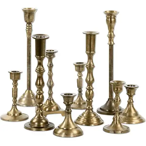 Koyal Wholesale Vintage Gold Mixed Taper Holders, Set of 10, Mismatched Candlesticks Set, Bohemian Decorative Candle Set