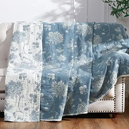jinchan Boho 100% Cotton Blanket Muslin Lightweight Twin Size 4-Layer Throw Blanket Reversible for Couch Soft All Season Floral Blanket Throw Coverlet for Bedroom Decor Blue 60"x80"