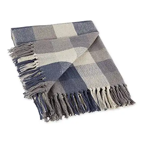 DII Buffalo Check Collection Rustic Farmhouse Throw Blanket with Tassels, 50x60, Tri Color, French Blue