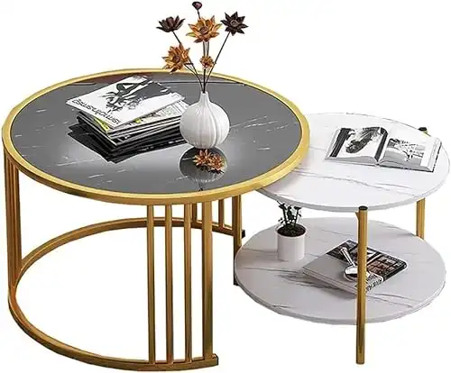 TADIBU Coffee Table, Set of 2, Round Side Table Set, Sofa Tables with Metal Legs, Nesting Tables， for Living Room, Balcony (Color:A)