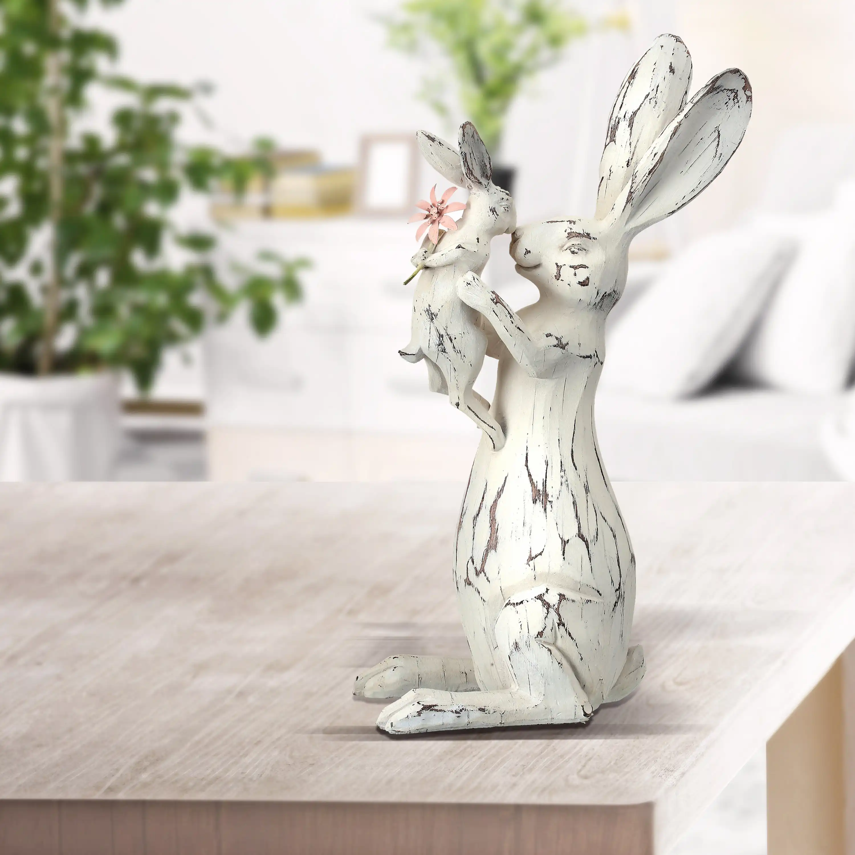Polystone Carved Bunny Kissing Baby Figurine