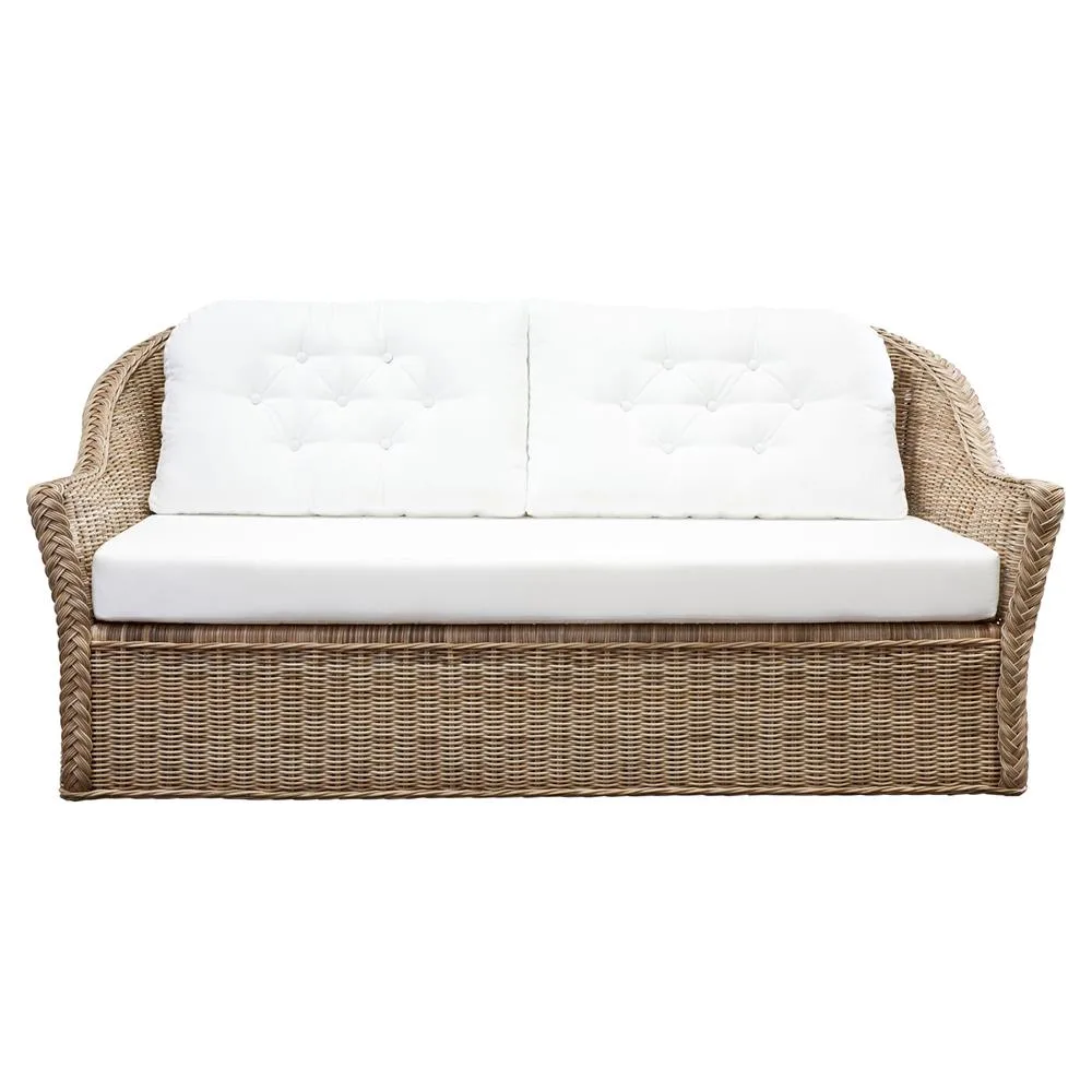 French Natural Rattan White Cushion Tufted Sofa