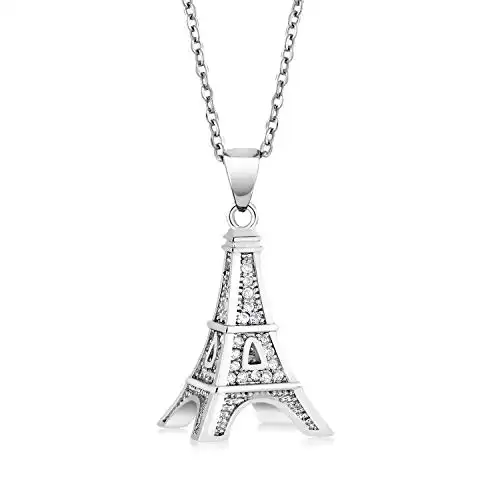 Gem Stone King France Eiffel Tower Pendant Necklace for Women | White Zirconia Set in 925 Sterling Silver | 0.5 Inch | with 18 Inch Complimentary Chain