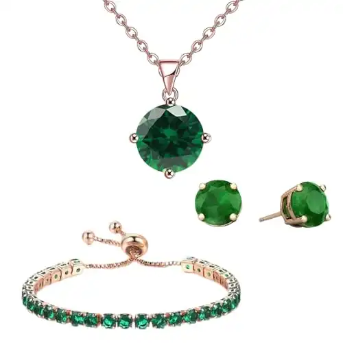 Paris Jewelry 18K Rose Gold 3 Set Created Emerald Sapphire Round Necklace, Earrings And Tennis Bracelet Plated