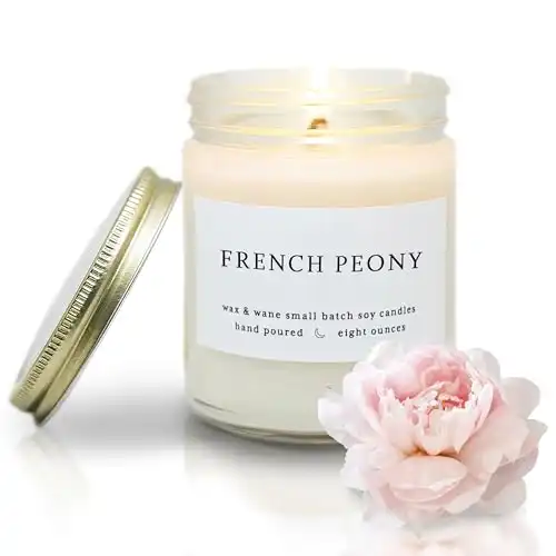 Wax & Wane French Peony Modern 8oz Handmade Candle For Men and Women - Long Burning 40+ Hours Candles For Home, Bedroom, and Bathroom - 100% Natural Soy Candles Made in the USA