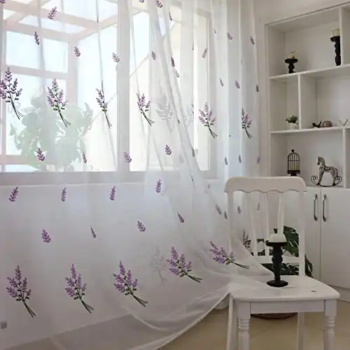 SLOW SOUL Set of 2 Panels Lavender Purple Flower Sheer Curtains Faux Linen Semi Sheer Window Curtains Drapes for Bedroom Living Room Rod Pocket Curtains 56W X 96L inch