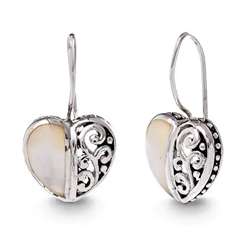 Willowbird Rhodium Plated Oxidized Sterling Silver Mother of Pearl Filigree Heart French Wire Drop Earrings for Women