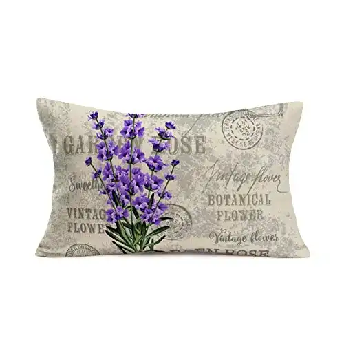 Fukeen Vintage Flower Lavender Throw Pillow Covers Decorative French Country Stamp with Violet Bouquet Pillow Cases Cotton Linen Burlap Lumbar Cushion Cover Rectangle 12x20 Inches, Grey Purple