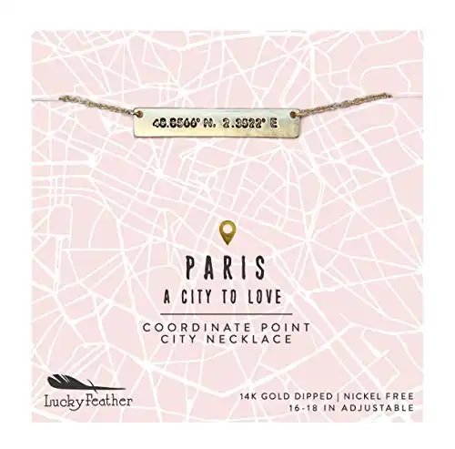 Lucky Feather City Coordinate Bar Necklace – 14K Gold Dipped Horizontal Bar Necklaces for Women with 16” – 18” Adjustable Cable Chain - Paris Souvenirs