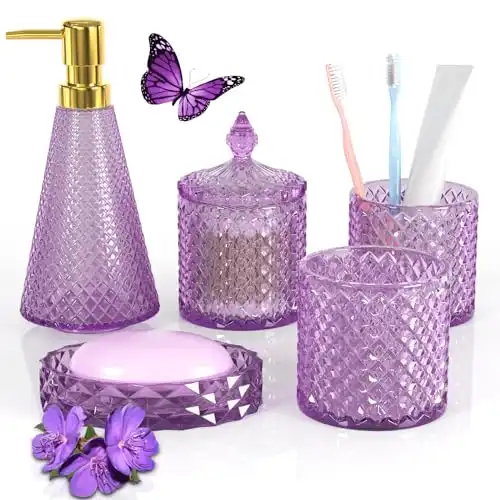 5Pcs Elegant Purple Bathroom Accessory Set, Modern Premium Glass Bathroom Decor Vanity Organizer, Lotion Dispenser, Soap Dish, Tumbler, Cotton Swab Jars,Perfect Theme Decor and Housewarming Gift