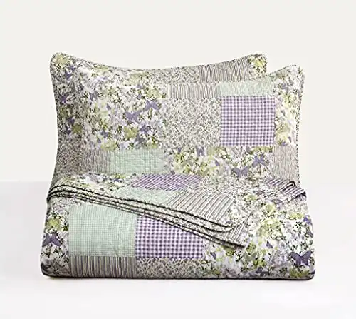 Chezmoi Collection Daisy 3-Piece Printed Patchwork Quilt Set - Purple Butterfly Botanical Candy Stripe Checkered Coverlet - Pre-Washed Microfiber Lightweight Reversible Bedspread, Queen Size
