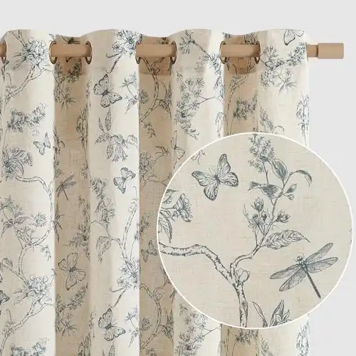 Lazzzy Blue Floral Linen Farmhouse Curtains 84 Inch Length Drapes for Living Room Bedroom Pattern Light Filtering Country Vintage Curtain Grommet Top, 2 Panels, Blue on Beige